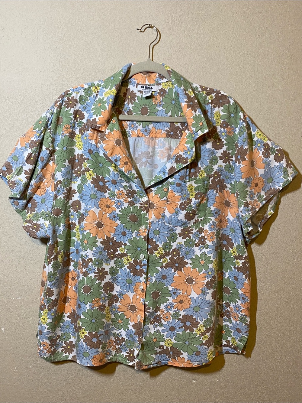 RSQ Floral Button-Down Shirt — Peach, Blue, Green & Brown